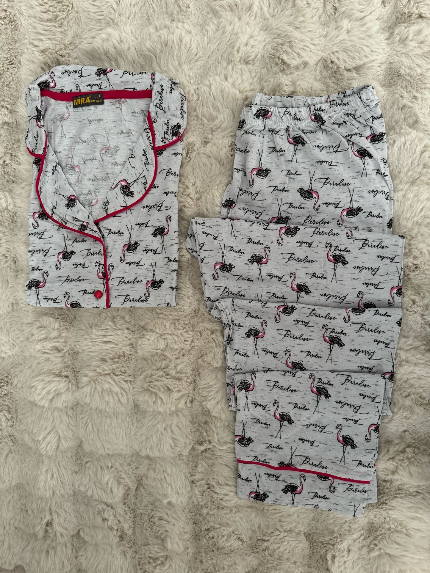 Gömlek Yaka Viskon flamingo desen düğmeli pijama takım